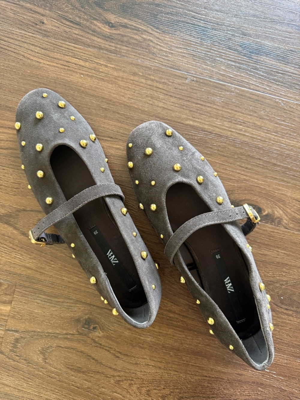 Zara Taupe Suede Mary Jane Flats with Gold Studs